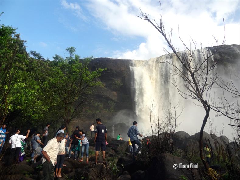 Athirappilly Falls view below from the flat rocky surface.
