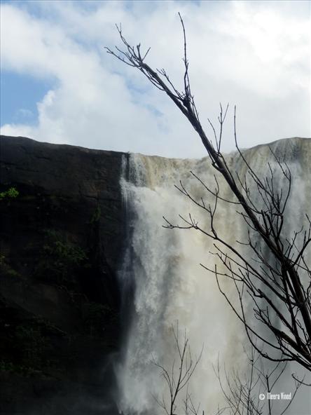 Athirappilly Falls view below from the flat rocky surface.