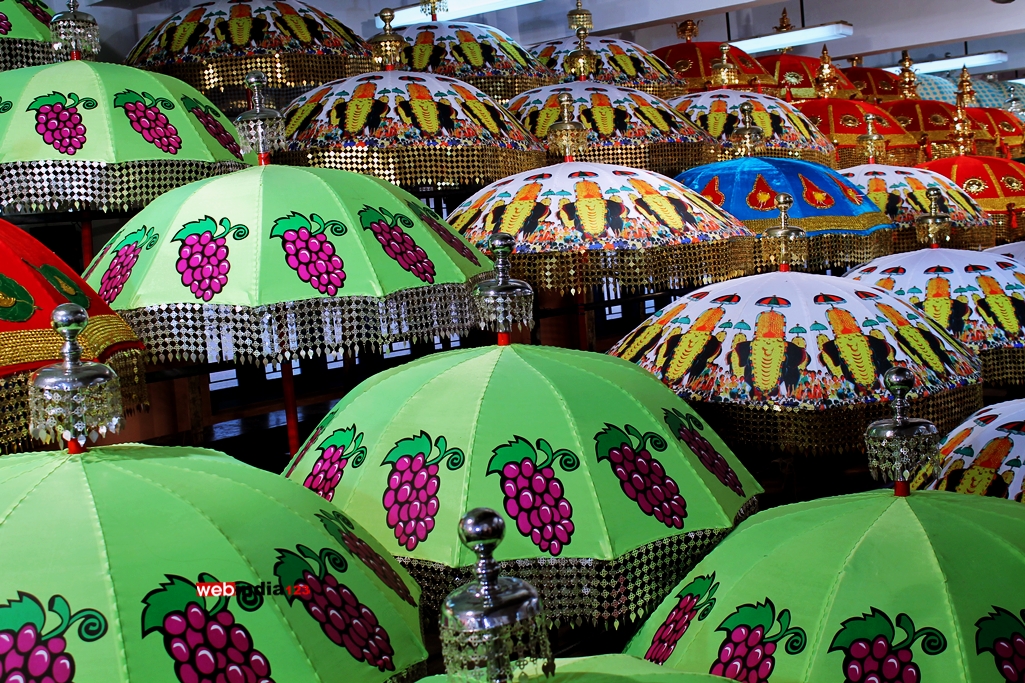 Display of colored umbrellas to be used in Thrissur Pooram festival